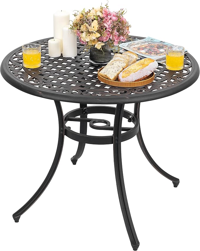 NUU GARDEN 35" Round Patio Bistro Table, Cast Aluminum Round Outdoor Bistro Table with Umbrella Hole for Poolside, Deck, Porch, Backyard, Balcony, Black with Antique Bronze Edge