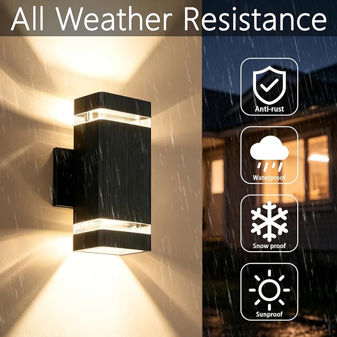 JYV Outdoor Wall Lights, Square Up and Down LED Porch Lights, Black | Waterproof Exterior Lighting Fixtures, 2x7W 3000K Bulbs, Outdoor Lights for House Porch Garage Patio