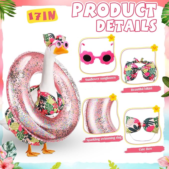 FuWeave Bikini Porch Goose Outfits with Sunglasses and Swimming Tube for 23" Hawaiian Flower Summer Goose Costume Garden Patio Statue Decor