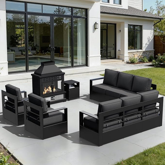 Outdoor Aluminum Furniture Set, 5-Piece Patio Conversation Set, 2 Swivel Chairs, 2 Sofa and 1 Fireplace, All-Weather Metal Frame, 6" Thick Removable Cushions, Deep Setting for Garden and Porch