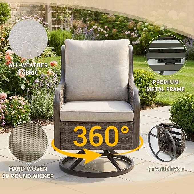 Loungewave Swivel PE Wicker Chairs, 3 Piece Patio Furniture Set, Outdoor Swivel Chairs Set of 2 with Rattan&Metal Side Table, Outdoor Furniture Set for Porch Balcony Garden Poolside (Brown/Beige)