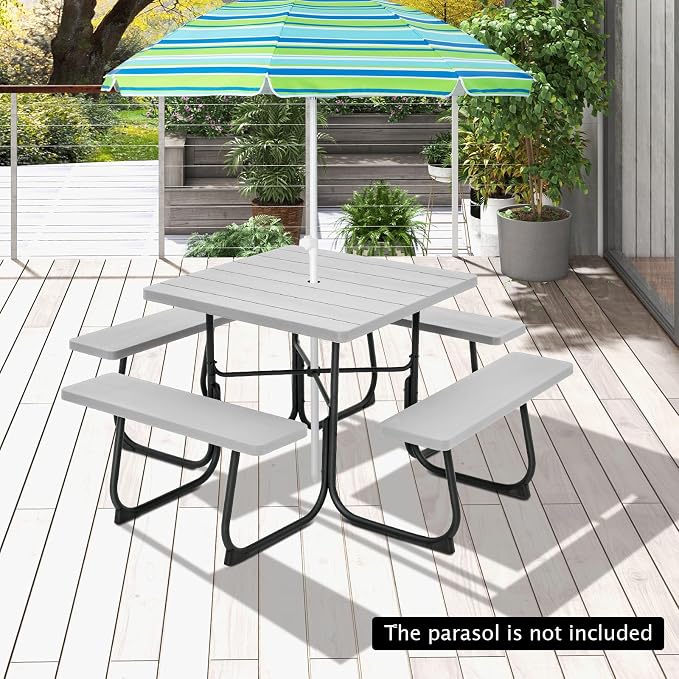 Giantex Picnic Table Bench Set for 8 Persons, Square Outdoor Table with Umbrella Hole, HDPE Top & Metal Frame, 2000LBS Capacity, Patio Table Bench Set for Deck Backyard Garden, Gray