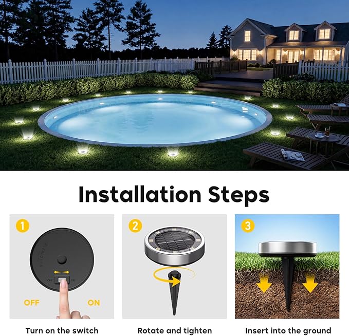 16 Pack Solar Lights Outdoor Waterproof, 8 LED Solar Ground Lights | Flat Solar Disc Light Landscape Lighting for Pathway Garden Yard Walkway Driveway Lawn, Cool White