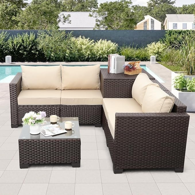 4 Pieces Outdoor Sectional Conversation Sofa Set Khaki Wicker Patio Furniture Set with Storage Box and Glass Table with Cushions and Furniture Covers