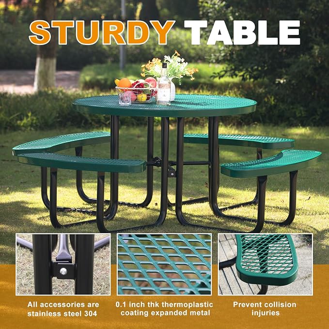 46In Round Metal Picnic Table, Commercial-Grade Heavy Duty Outdoor Furniture, Rust-Resistant Outside Table for Patio, Garden, Playground and Parks (Green)