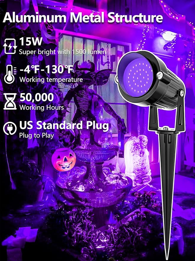 ZUCKEO Halloween Black Light Spotlight Outdoor LED Blacklight, 15W Waterproof Spot Lights Landscape Lighting with US Plug for Glow Party Body Paint Fluorescent Poster Bar Yard Garden Decor(1Pack)
