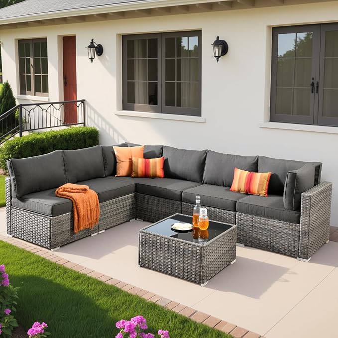 Weaxty 7 Pieces Outdoor Patio Furniture Set,Wicker Sectional Sofa Couch with Thicken Cushion and Glass Coffee Table,All Weather Rattan Patio Conversation Sets for Porch,Poolside,Backyard, Black
