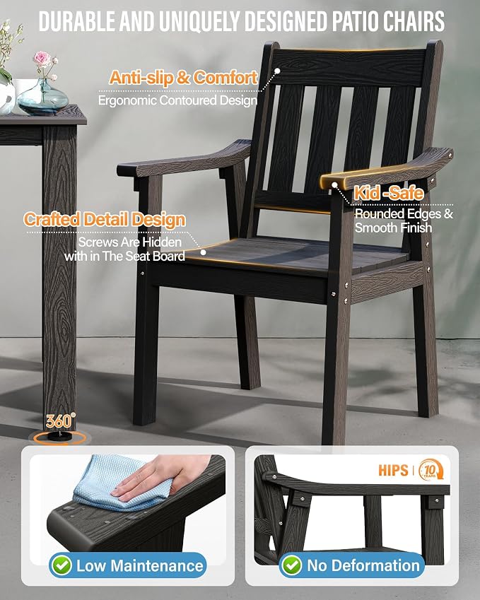 YEFU Patio Dining Chairs Set of 4: All Weather Outdoor Dining Chairs with Wide Curved Seat and Backrest - Outdoor Furniture Plastic for Outside Backyard/Garden/Porch/Deck 350lbs Capacity Black