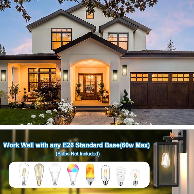Dusk to Dawn Porch Outdoor Light, Wall Light Fixtures Waterproof Exterior Wall Sconce Light Fixture with E26 Base for Patio Entryway Hallway (Bulb not Included)