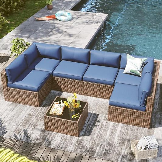 LazySunsets 7 Piece Outdoor Patio Furniture Set with Coffee Table, Outdoor Patio Furniture Sets with Thicken Cushion, Wicker Rattan Outdoor Conversation Set for Backyard & Garden, Blue