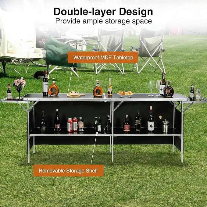 REDCAMP Portable Bar Table, Pop Up Folding Mobile Bar Bartender Table Podium Table with Side Rack for Events, Party, Camping, Tradeshow, Exhibition, Easy Setup, Black, 111"x33"x15"