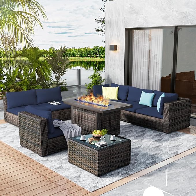 9 Pieces Outdoor Sectional Patio Furniture Set with Fire Pit Table PE Rattan Wicker Patio Sectional Armless Conversation Set with Cushions Blue