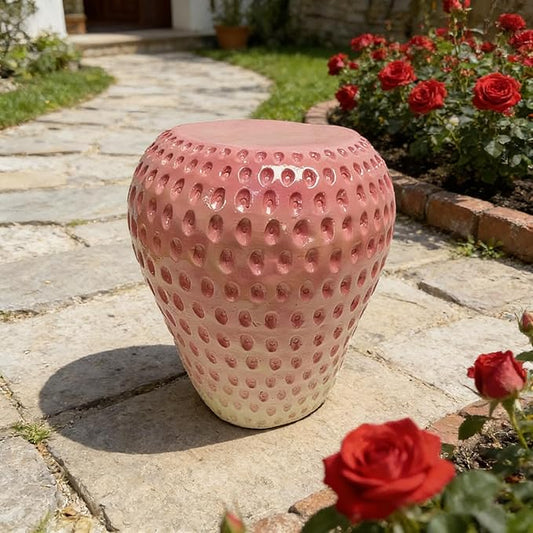 13.4" Pink Strawberry Fruit Stool Side Table, Resin Garden Stool Plant Stand for Indoor Outdoor Home Decor, Multi-Purpose End Table Patio Furniture Housewarming Gift