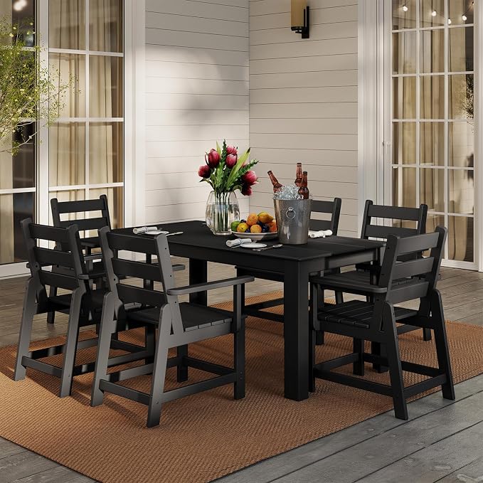 GREENVINES 7 Piece HDPE Outdoor Patio Dining Set, Removable Armrests, Black