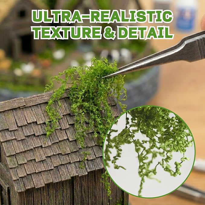 Realistic Miniature Vines - Hanging Moss Scenery for Diorama Supplies & Model Building - Mini Miniature Plants for Rainforest, Dollhouse, Fairy Gardens, Crafts DIY, Tabletop Wargaming (Natural Green)