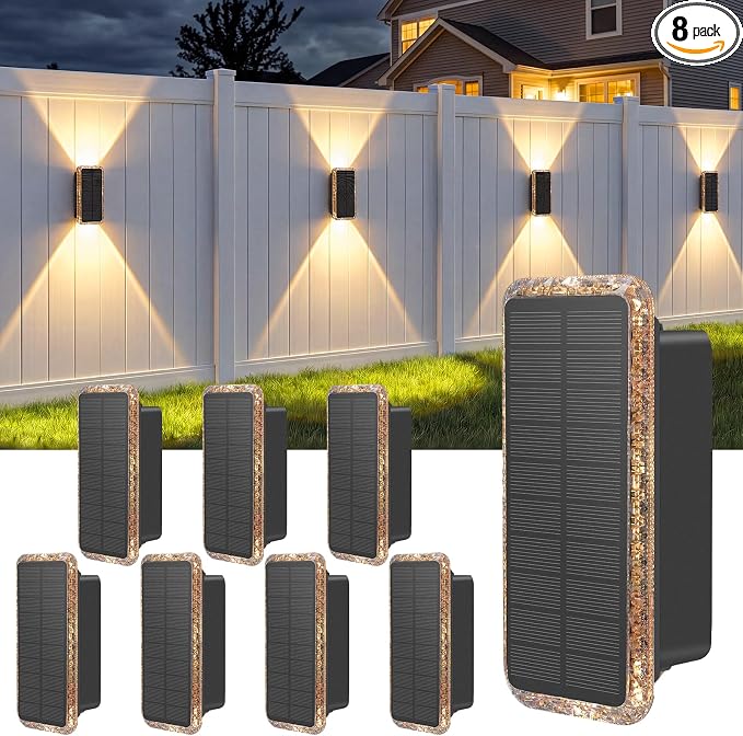 Solar Fence Lights Outdoor 8 Pack, 5CCT(3000K-6000K) Up and Down Solar Wall Lights, IP65 Waterproof Dusk to Dawn Fence Lights Solar Powered for Patio, Porch, Backyard, Garage, Wall Decor