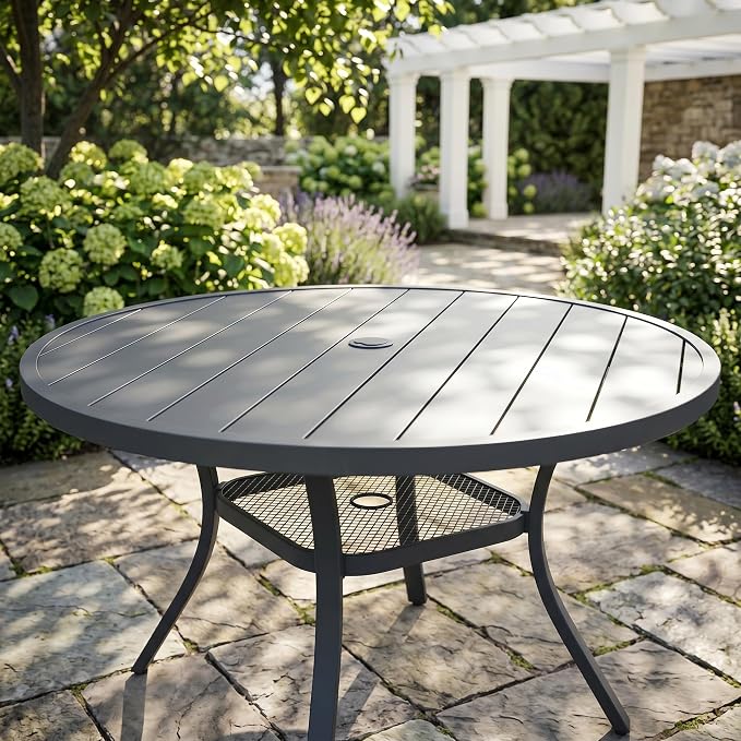 VICLLAX Metal Outdoor Dining Table for 4, All Weather 40.7" Black Round Patio Table with Adjustable Umbrella Hole for Lawn, Garden, Balcony and Poolsides, GreyTabletop