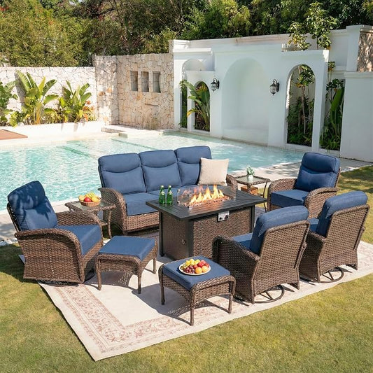 Belord Upgraded 6“ Cushion Luxury 10 Piece Patio Furniture Set with Fire Pit Table - Outdoor Couch & High Back Swivel Rocker Patio Chairs, Wicker Outdoor Furniture for Deck Porch Yard - Brown/Blue