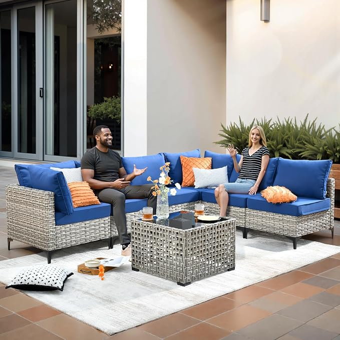 CAODOC 9-Piece Outdoor Sectional Sofa Set w/ 42" Fire Pit – L-Shaped Wicker Patio Furniture, Deep Seating & Swivel Rockers,Blue