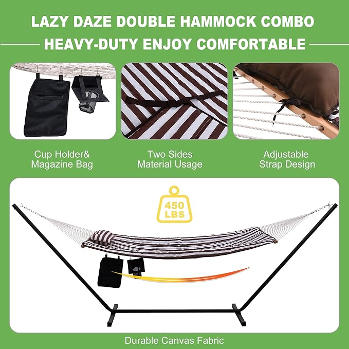 Lazy Daze Hammocks Double Hammock with 12 ft Steel Stand, 2 Person Cotton Rope Hammock with Quilted Pad, Spreader Bars, Detachable Pillow, Mag Bag & Cup Holder, Brown/White Stripe