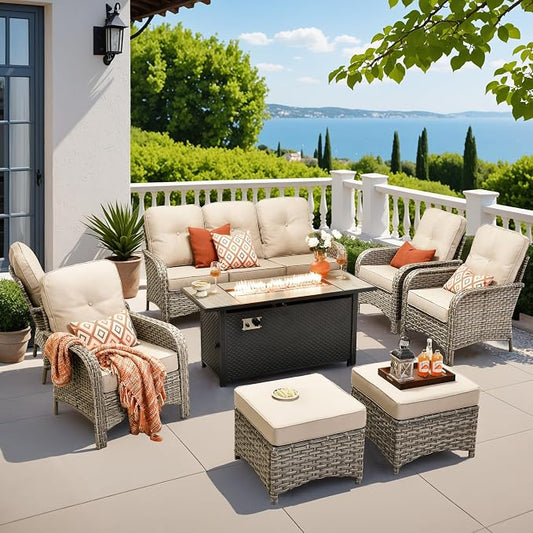 8-Piece Outdoor Patio Furniture Set with Fire Pit Table,All Weather Wicker Rattan Patio Seating Sofa and Chair Set with Ottomans,Outdoor Conversation Sets w/ 3 Seater Couch for Porch Deck Yard,Beige