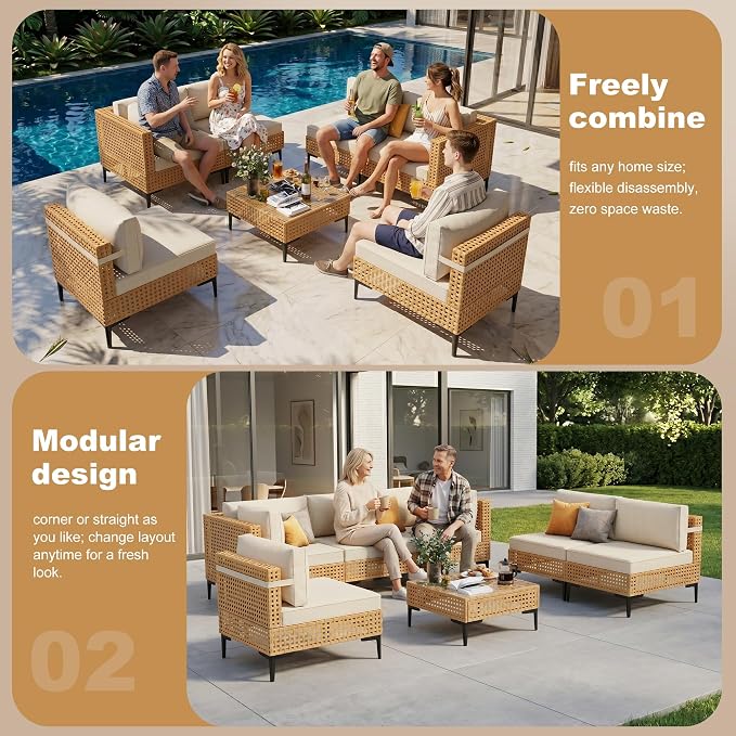 ABCASA Patio Sectional Furniture with Non-Slip Cushions, 110" Large 7-Piece Wicker Outdoor Patio Furniture Sets with Coffee Table,Boho Patio Conversation Set Sectional Sofa for Backyard,Porch,Beige