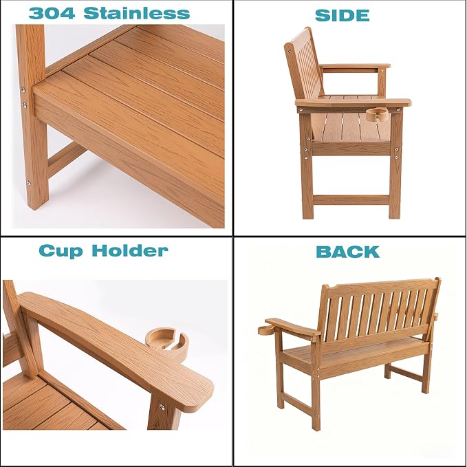 Outdoor Wooden Bench, 2-Person Garden Bench with Backrest and Armrests,Long Loveseat Bench for Garden,Porch,Courtyard, Home.(Natural)