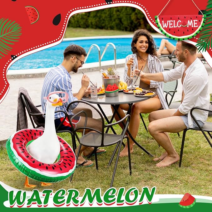 Aliceset 2 Pcs Summer Porch Goose Outfits Hawaiian Pool Goose Cloth Costume Swimsuit with Swim Ring Sunglasses, Fits 23'' Lawn Statue for Patio Yard Garden Outdoor Decor(Watermelon Style)