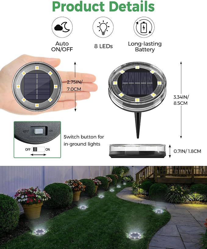 LOTMOS 30 Pack Solar Ground Lights Outdoor, 8 LED Solar Flat Lights IP68 Waterproof Disc Light, Landscape Lighting Solar Powered for Garden Yard Path Driveway Lawn Patio Walkway, Cool White