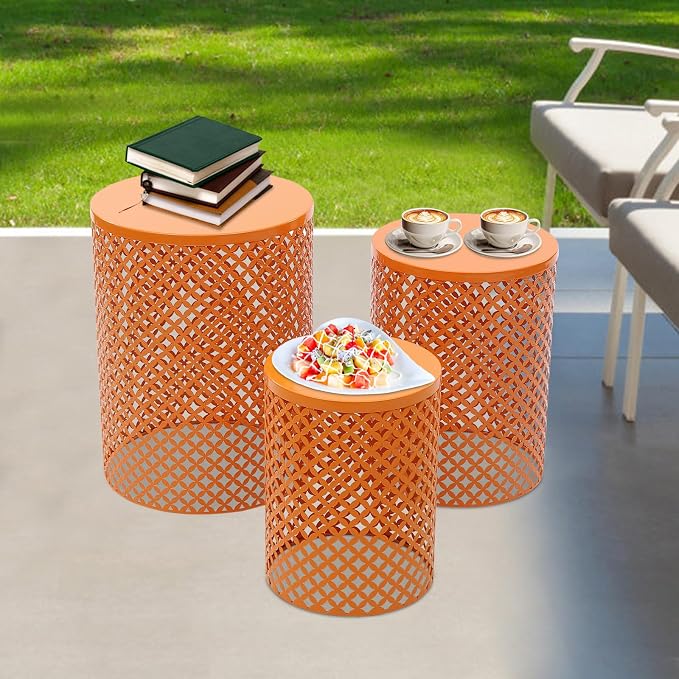 Metal Frame Accent Table,Cylindrical Outdoor Side Table,Decorative Garden Stool,Set of 3 Nesting Side Table,Modern Decorative Garden Stool for Patio Balconies Cafes Parks (3, Orange)