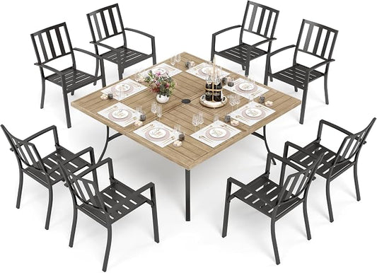 PHI VILLA Outdoor Dining Set for 8,57.5" Wood-Like Metal Table | Brown Square Metal Steel Table&Stackable Wrought Iron Chairs,Patio Furniture Set for Patio, Deck, Yard, Porch