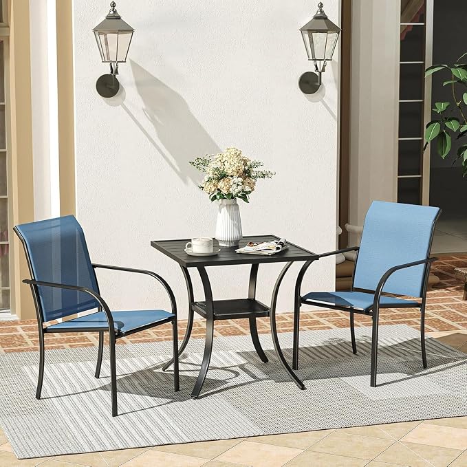 VICLLAX 3 Pieces Patio Outdoor Dining Set, 28" Square Metal Table and 2 Stackable Textilene Chairs for Patio, Lawn, Garden, Porch, Black/Dark Blue