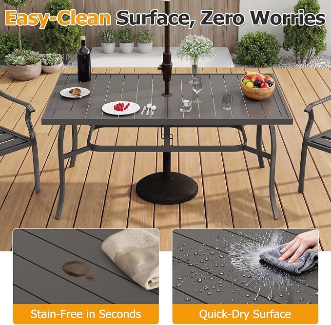 EROMMY 7-Piece Outdoor Patio Dining Set for 6, 6 Metal Slat Chairs & Rectangular Table with Umbrella Hole, Heavy-Duty Patio Furniture for Backyard, Deck and Garden
