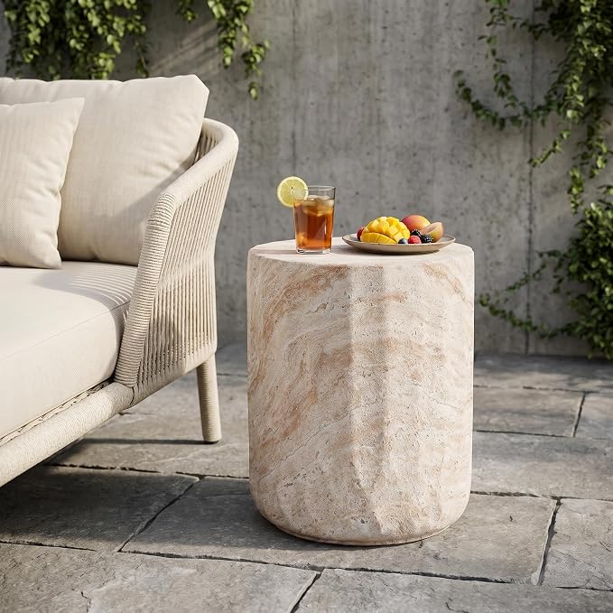 Outdoor Side Table Concrete Side Table Faux Marble End Table Stone Side Tables Patio Small Coffee Tables Travertine Garden Stool Plant Stand for Porch, Backyard Patio, Cylinder
