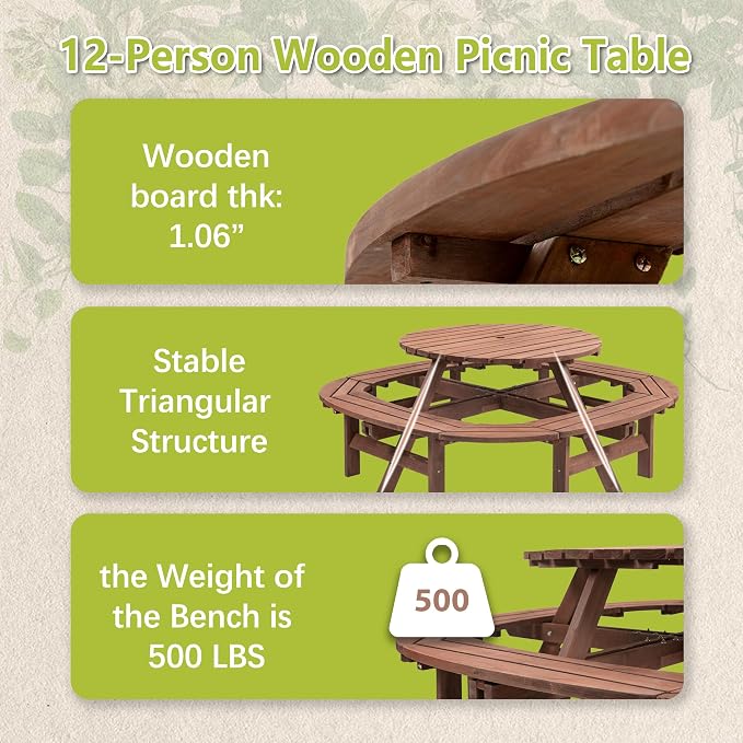 8-12 Person Outdoor Round Wooden Picnic Table with 8 Built-in Benches, Umbrella Hole, Outside Table and Bench Set for Garden, Backyard, Porch, Patio and Deck