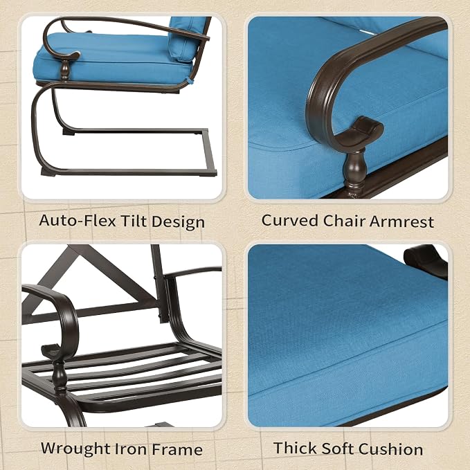 7-Piece Outdoor Metal Furniture Sets Patio Conversation Set, Wrought Iron Loveseat, 2 Dining Chairs, 2 Spring Chairs and Coffee Table, Peacock Blue