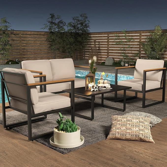 4-Piece Outdoor Patio Set Metal Conversation Deep Seat High Back Sofa with Washable Cushions 2 Chairs Coffee Table for Garden Balcony