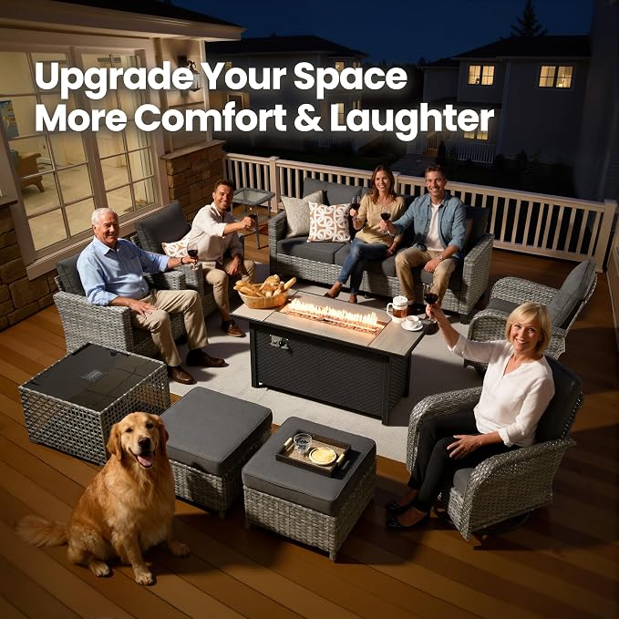 10 Piece Wicker Patio Furniture Set with Firepit, Black | High Back Swivel Rocker Chairs, 54-inch Fire Pit, Outdoor Sofa Ottoman Solar Lights Table, Conversation Sets, Deck Backyard