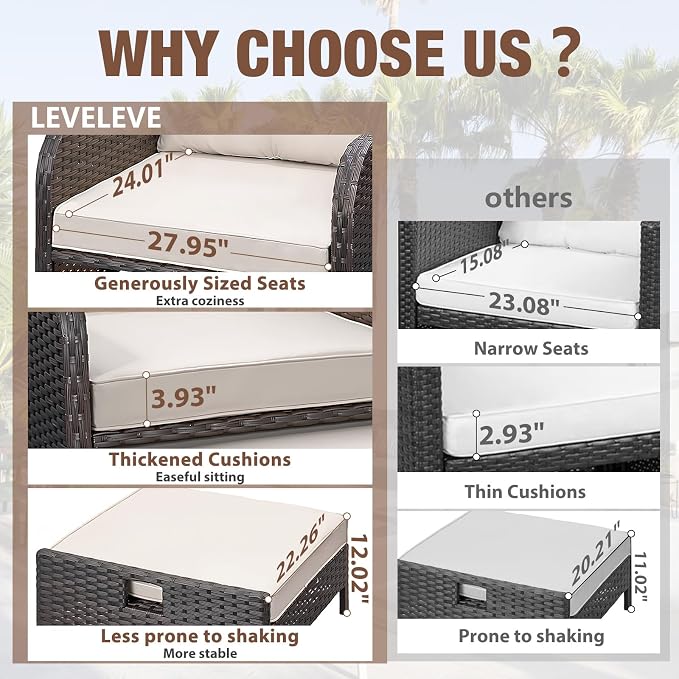 LEVELEVE Patio Conversation Set 5 Piece, Balcony Furniture Outdoor PE Rattan Wicker Lounge Chairs with Soft Cushions, 2 Ottomans & Glass Table for Porch Lawn, Brown with Beige Cushions