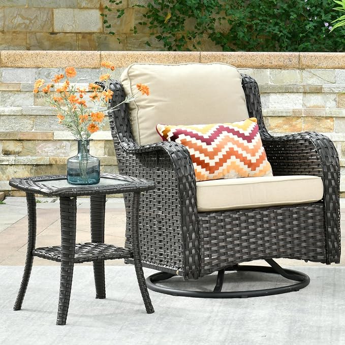 ovios Outdoor Side Table with Tempered Glass Top, Patio Wicker Rattan 2-Tier Storage Coffee End Tables for Porch Deck Balcony Garden Poolside (Brown-Small Size)