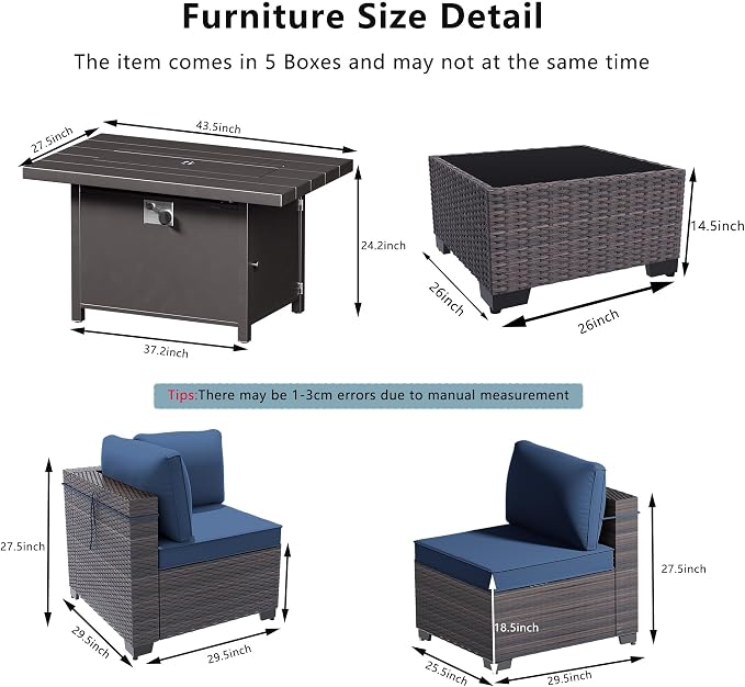 Outdoor Terrace Furniture Set, 8 Piece Outdoor Furniture Set, with 43 inch Aluminum 55003 BTU Propane fire Pit, PE Willow Vine Terrace Dialogue Set - Blue.