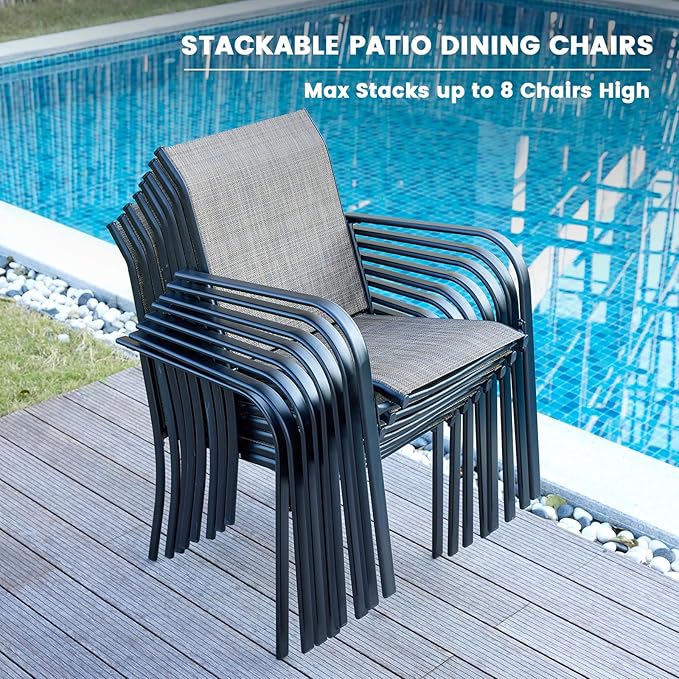VICLLAX 5 Pieces Patio Dining Set, Patio Furniture Set of 4 Patio Stackable Dining Chairs and Outdoor Metal Square Table with Umbrella Hole for Backyard Lawn Garden, Brown Chairs and Walnut Table