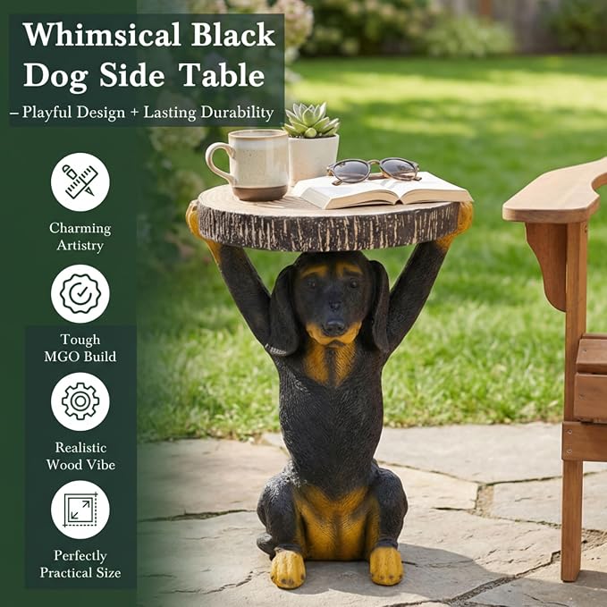 JIJIWANG 22.17" H Black Dog Side Table, Pedestal End Table Stool, MGO Dog Statue Hand Painted Sculpture for Home Office Living Room & Outdoor Decor, Black
