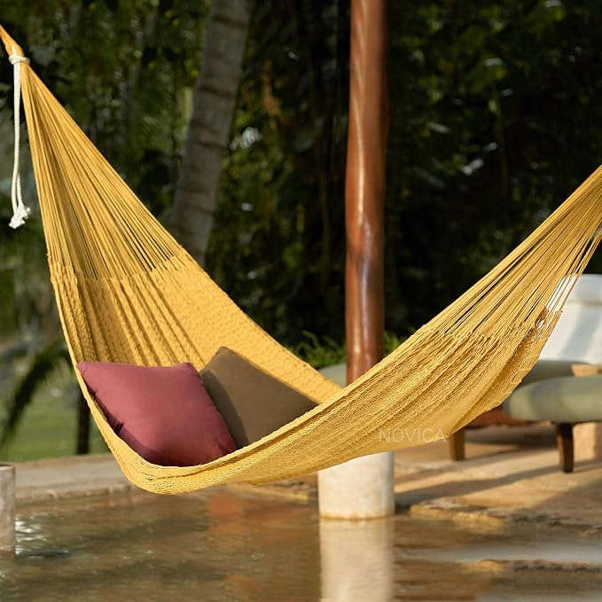 NOVICA Handcrafted Ocher Cotton Rope Hammock, 79" x 91" - Supports 550 lbs, Fits 3 People - Made with Cotton and Nylon Ropes,(Triple) Uxmal Ocher