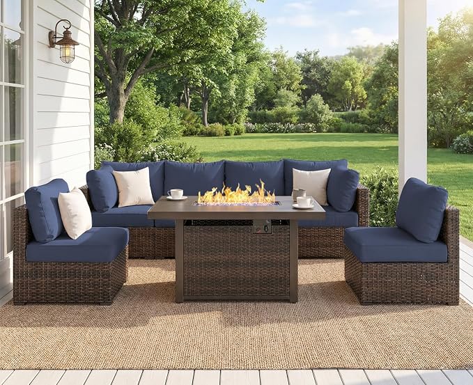 7 Piece Outdoor Patio Furniture Set with 42" Fire Pit, Wicker Furniture Sectional Conversation Sofa Set with Comfortable Cushions, Blue