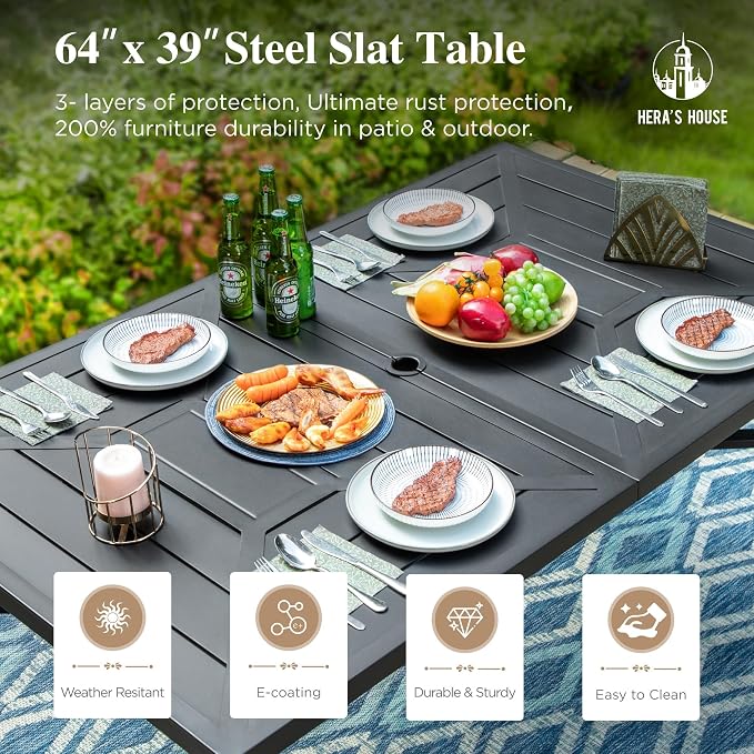 HERA'S HOUSE 64" Outdoor Dining Table with Umbrella Hole, Rectangular Patio Garden Backyard Lawn Table