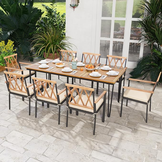 HAPPYGRILL Patio Dining Table for 8, 79" Rectangle Table with Acacia Wood Tabletop & Heavy Duty Metal Frame, Outdoor Dining Table with 2" Umbrella Hole for Backyard, Lawn & Garden
