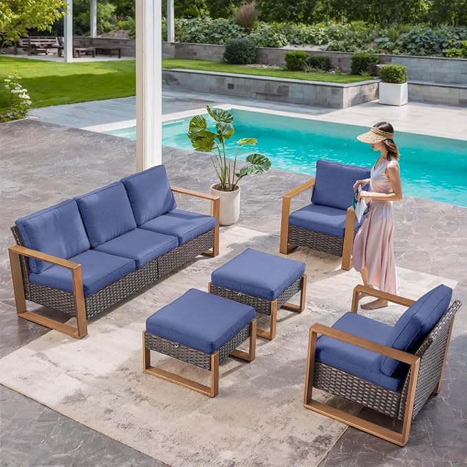 Belord 5 Piece Outdoor Wicker Patio Conversation Furniture Set Deep Seating, Metal Wide Armrests Patio Sofa Set with Rattan Chairs Ottomans for Porch Deck Sunroom Backyard