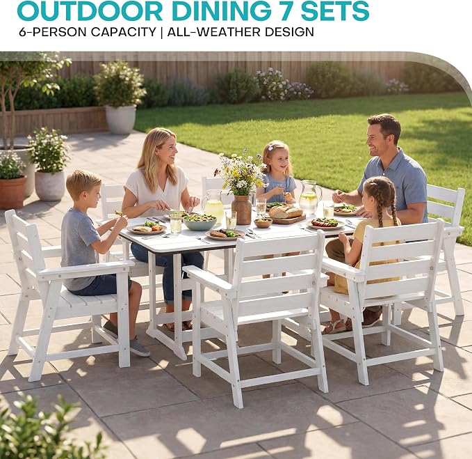 7-Piece Dining Set, HDPE Table & 6 Chairs, White | HDPE Dining Set: 69.1" Table + 6 Chairs, 380 lbs, 304 Stainless, All-Weather, No Rust No Crack, Outdoor Patio Garden