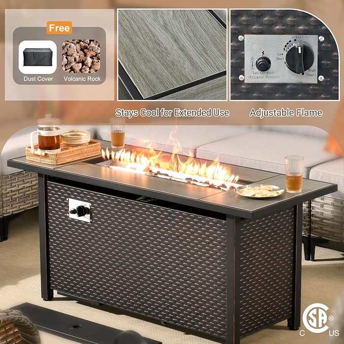 Rattan Patio Furniture Set with Fire Pit,10 Pieces Outdoor Sectional with Single Chair Ottoman,Out Door Furniture Conversation Set,Black